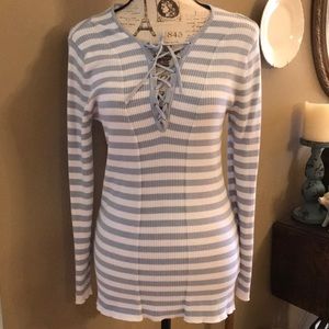 Extra Long Blue & White Knit Top